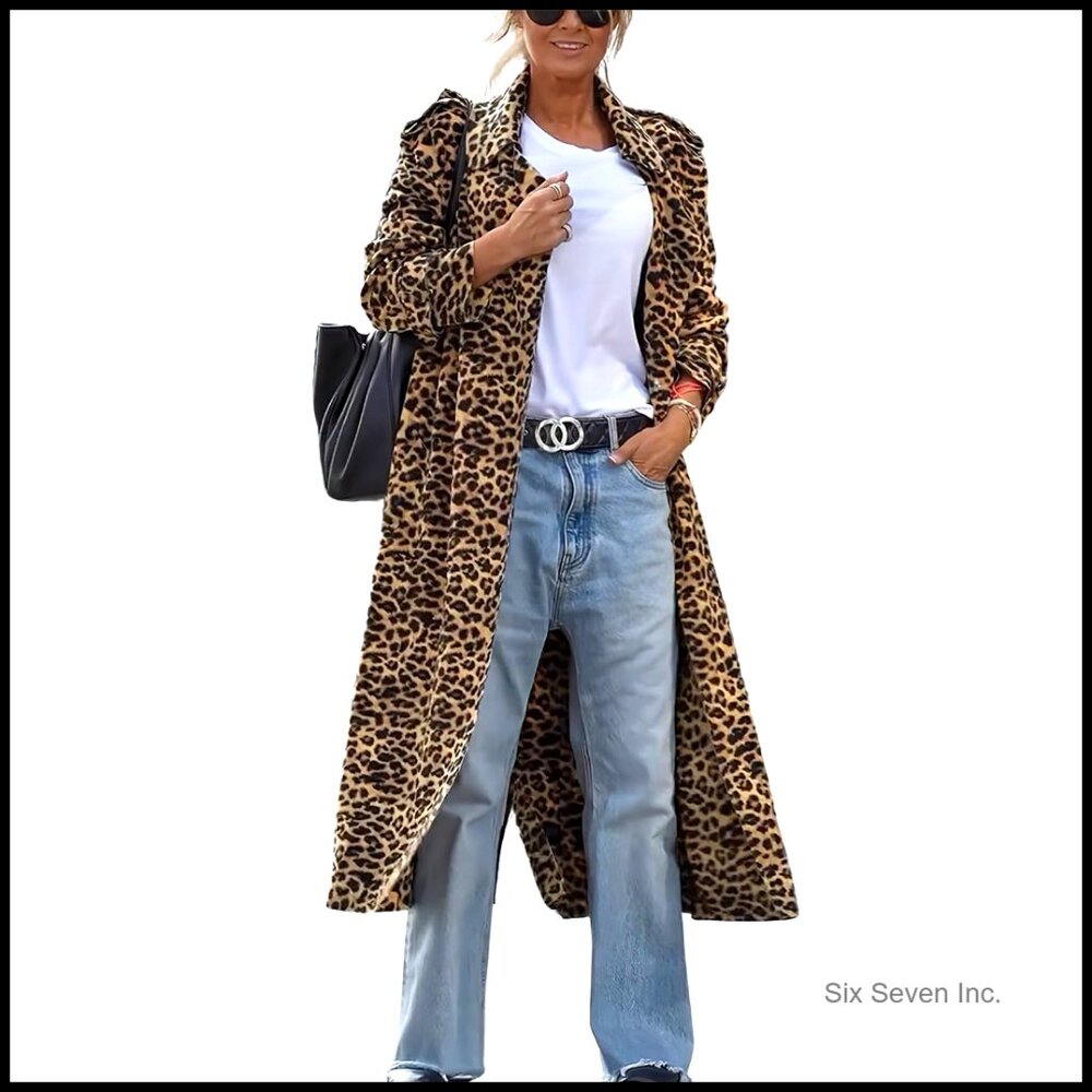 Faux Suede Leopard Print Trench Coat Notch Lapel Loose Fit